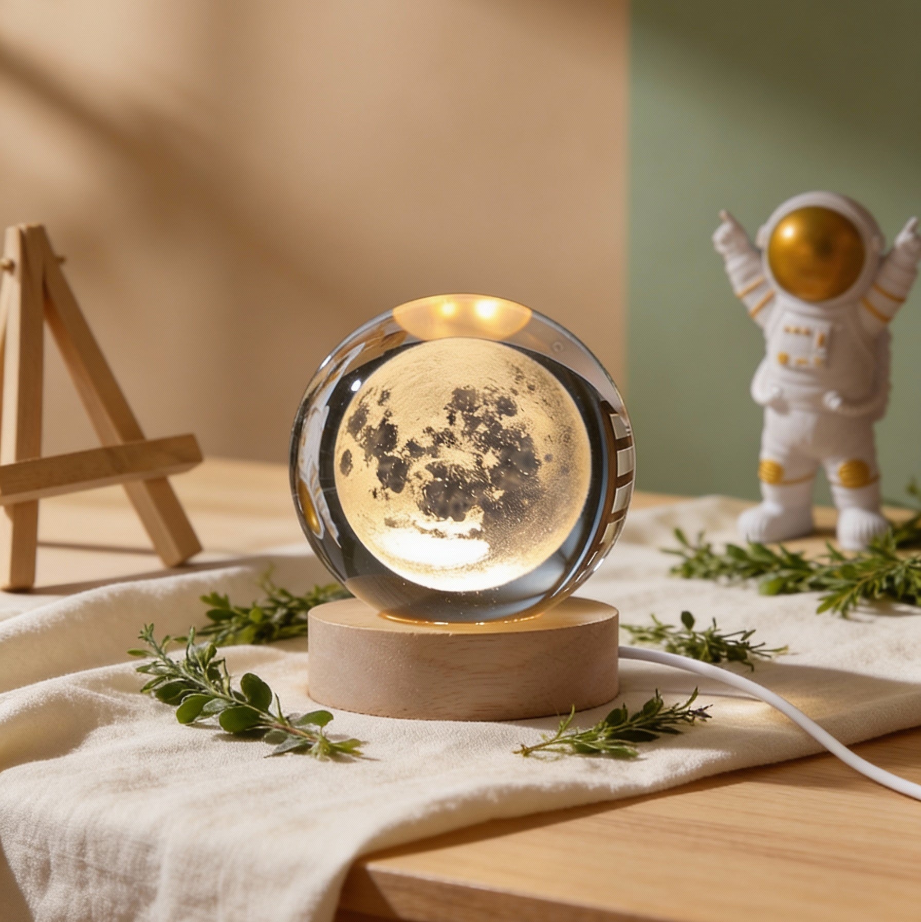 Kosmische Kristallkugel – 3D Kristalllampe mit Holzsockel