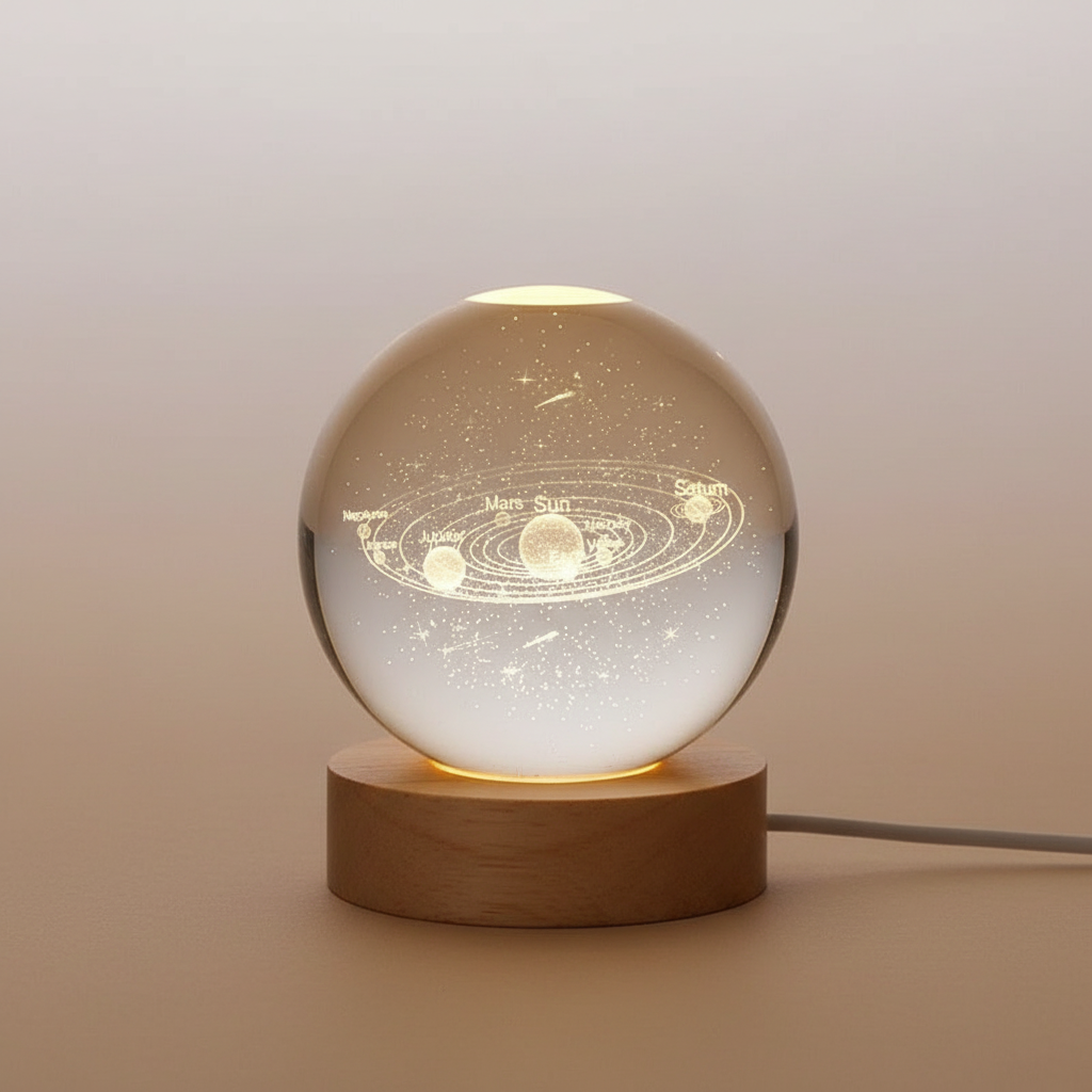 Kosmische Kristallkugel – 3D Kristalllampe mit Holzsockel