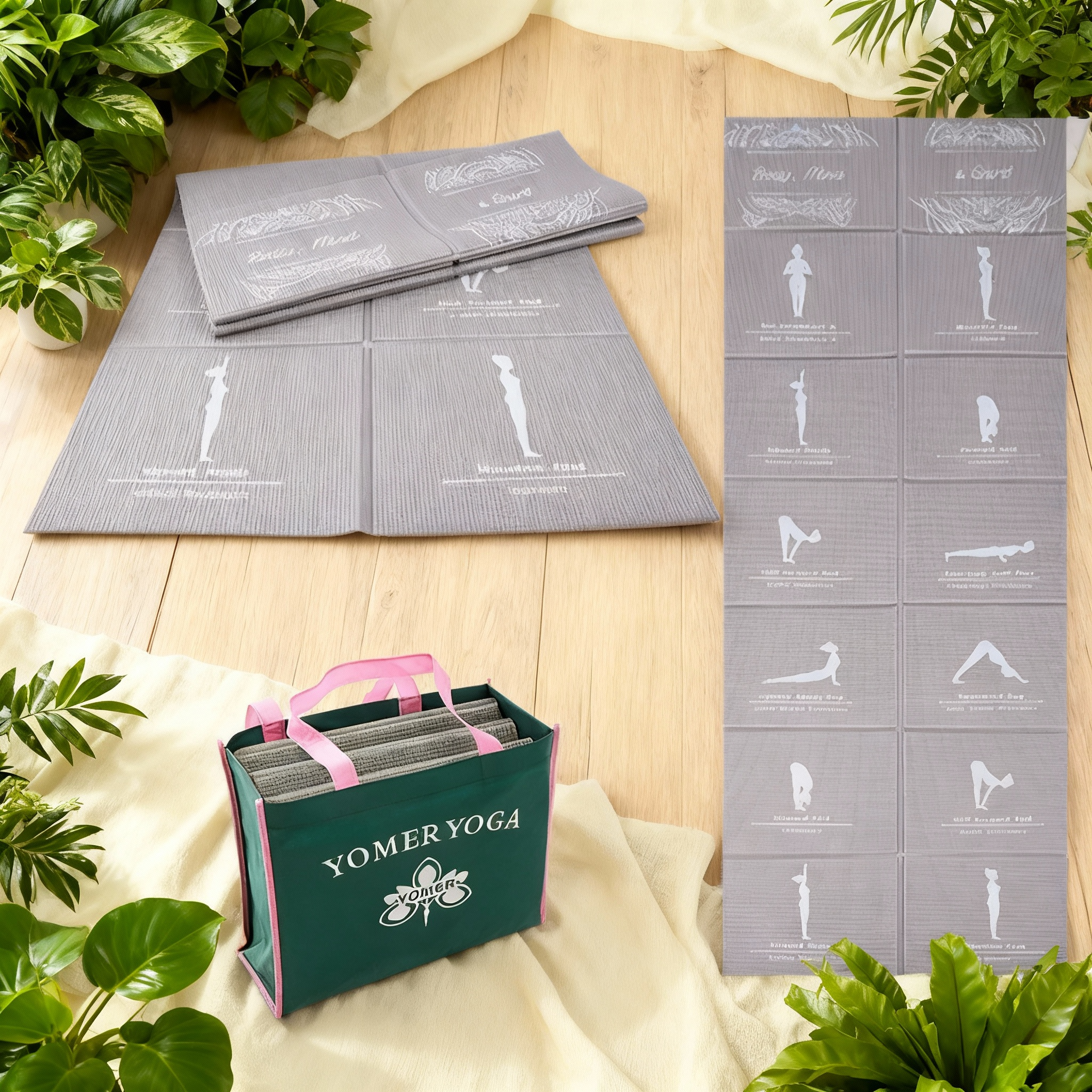 Yoga Faltmatte mit Asanas Grau
