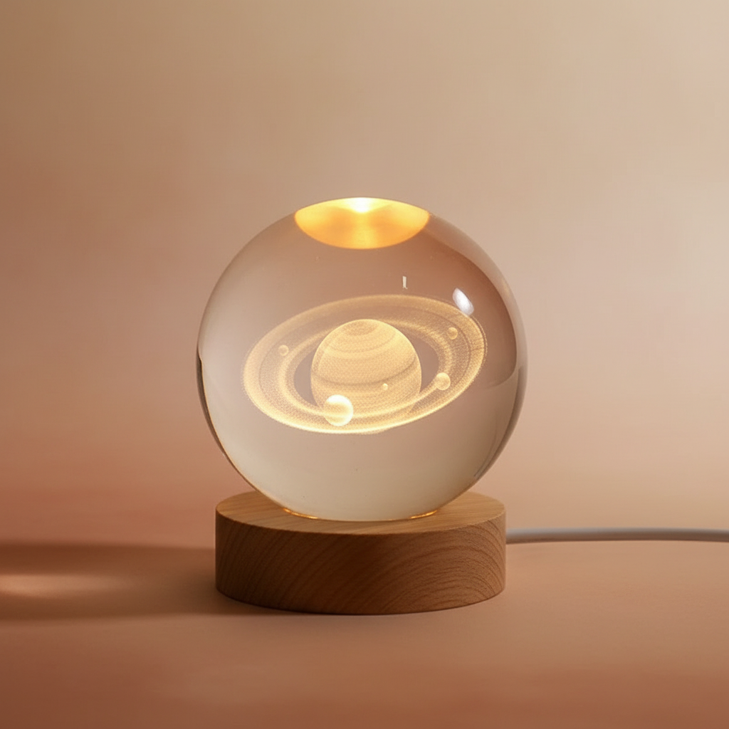 Kosmische Kristallkugel – 3D Kristalllampe mit Holzsockel